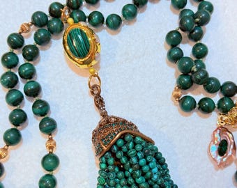 44" Long MALACHITE & Baroque White Pearl TASSEL Necklace. 18K Gold Spacers. Ornate Crystal + Etched Brass Bead Cap. Pearl/Malachite Dangle