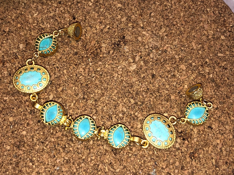 Enticing Genuine TURQUOISE /& 24K Gold Plate 7-Link Oriental FRETWORK Bracelet w5 Lucky Evil Eye Links Textured Gold Magnetic Clasp