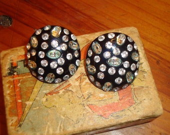Spectacular, Rare Signed Black WEISS Vintage Domed CELLULOID Clip-On Earrings W/Sparkling Clear & Aqua Rhinestones