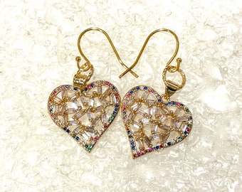 Exceptional GOLD Rhodium HEARTS Dangle/Drop Pierced Earrings w/ Gleaming Domed Baguettes, Rainbow Crystal Border & Vermeil Ear Wires