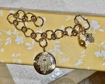 Chunky, Twisted 18K Gold-Filled Link Bracelet w/HAMSA & Pave Caribiner Clasp, Gold + PAVE HAMSA Hand Pendant, Pave Hand/Gold Pearl Charms