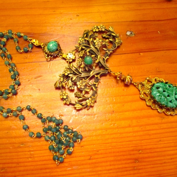 Staggering CZECH PEKING Glass & JADE Art Glass, Brass and Copper Filigree Vintage Rosary Chain Long Sautoir Necklace