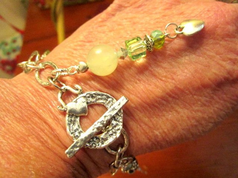 Crystal /& Heart Toggle 5 Dangle Charms of Sterling Carved JADE OOAK Embossed Artisan Sterling Silver Charm Bracelet: Heart Focal PERIDOT