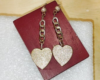 Elegant, One of a Kind GOLD RHODIUM Micro Pave 4" Long HEART, Braided Connector Dangle/Drop Pierced Earrings w/Micro Pave Rounds