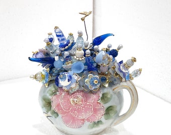 Sweet Beguiling Hand Painted Occupied JAPAN Porcelain SUGAR, 1940's, Baby Blue, Huge PINK Flowers, Gold Moriage & >50 Handmade Flowers