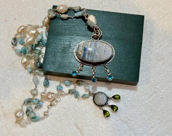 Glorious Artisan Genuine LARIMAR & PEARL Beaded Rosary Chain Necklace w/Large LARIMAR Pendant w/Drops Set in Sterling + Larimar Side Dangle