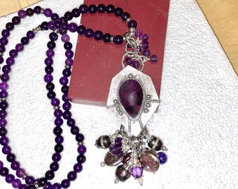 Marvelous Embossed STERLING Silver & AMETHYST Pendant w/23 Hand Wired AMETHYST Dangles on Genuine Amethyst Beadey Chain w/Sterling Accents