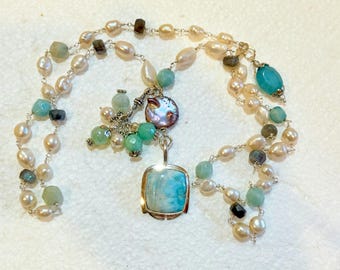 Genuine LARIMAR, PEARL, LABRADORITE Rosary Chain Necklace w/Lavender Baroque Coin Pearl, Sterling Silver Larimar Pendant, Larimar Cluster