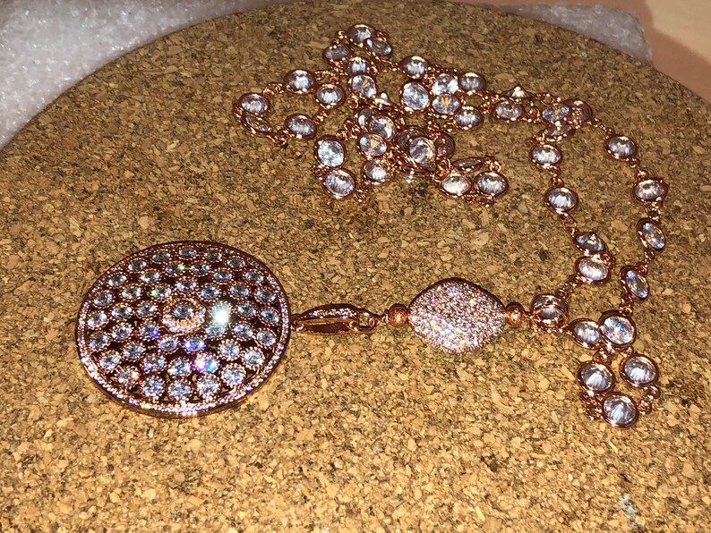 Spectacular ROSE GOLD Micro Pave Domed Pendant /& Large Cz Bead on Long Rose Gold Micro Pave Rosary Chain Sautoir wAB Bezel Set Cz Rounds