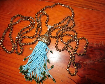 Divine Boho! Gold PYRITE 58" Necklace: Huge Turquoise & Green JADE TASSEL, Micro Pave Bail, Bronze Filigree Tassel Cap w/Inset Crystals