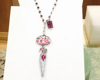 Killer Hand Soldered Pink FLORAL Broken China Pendants & Genuine Vtg. RUBY/Sterling Drop on Burgundy Bezel-Set Necklace w/Sterling Heart