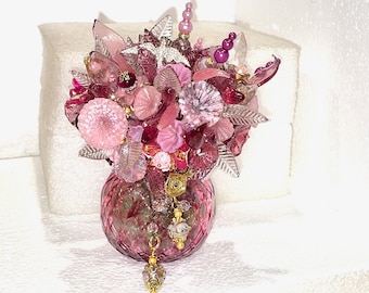 Elegant 1940's Vtg. Diamond Cut CRANBERRY GLASS Vase w/>45 Flower Handmade Floral Bouquet & "Necklace" w/Wedding Cake Beads + Gold Pave BIRD