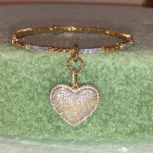 Luxe, Elegant, Textured Gold Plate BANGLE w/Micro PAVE Rhinestones & Gold Rhodium Micro Pave HEART Pendant