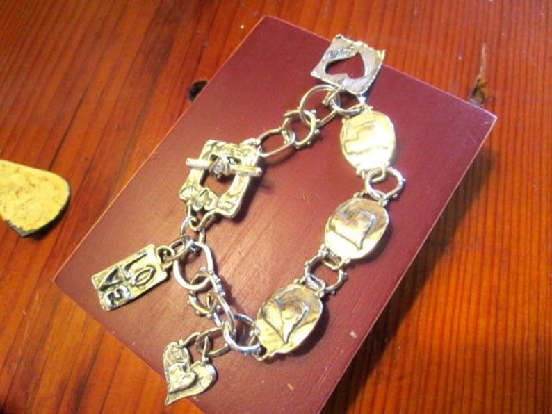 3-Heart Focal Plaque Majestic All Embossed STERLING Silver Artisan 3-HEART Dangle Charms Heart Toggle Clasp OOAK Charm Bracelet