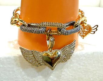 Grand 7 1/2" Long HEART Bracelet. 18K Gold-Filled Fancy Link Chain w/3 Gold/Silver Pave Links. Gold Pave WINGED Heart Pendant & Charm.