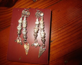 HEARTS & PEARLS: Divine 3 1/2" Long STERLING Silver and Genuine Freshwater White Pearls, 2-Strand Heart Pierced Earrings - Valentine's Day!