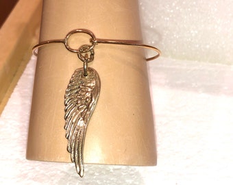 Large Artisan-Made, Very Detailed Gold/Bronze ANGEL WING 2-Sided Pendant on Natural Bronze Front Latch BANGLE w/Hook & Eye Closure