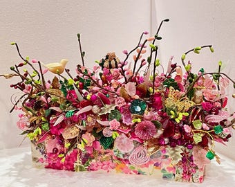 Over 2,500 handmade Flower/Leaves BOUQUET Window BOX/Home Decor. Vtg. Celluloid Bird. Micro Pave BEE. French Beaded & Hand Torched Flowers.