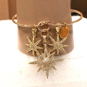 Impressive Deco 24K Gold Rhodium Plate Friendship Knot CUFF/Bangle w/2 Micro Pave Glittering STAR Pendants & one Heart Charm