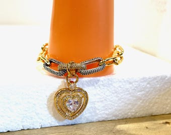 Luxe 7 1/4" Long HEART Charm Bracelet. 18K Gold-Filled Rectangular Link Chain. Gold/Silver Pave Foci. Gold Rhodium 3-D Heart Pendant