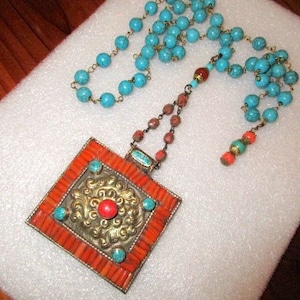OOAK Inlaid Authentic Tibetan CORAL & TURQUOISE w/Brass Repousse Pendant on Coral and African Turquoise Rosary Chain w/Carnelian Necklace