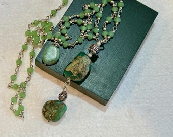 RAW POLISHED JADE Double Pendant Necklace w/Jade Drop on Rondelle Jade Silver Rosary Chain w/Sterling Bead Accents