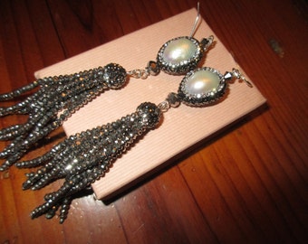 Brilliant Genuine South Sea FRESHWATER PEARL Earrings Encrusted w/Micro Pave HEMATITE, Swarovski Crystals & Sterling w/8 Hematite Tassels
