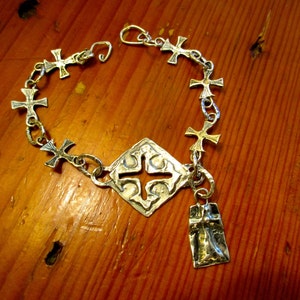 Grand All STERLING Silver Artisan Embossed & Etched CROSS/Crucifix Rustic Foci w/Etched Cross Links Artisan Bracelet and Cross Charm --OOAK