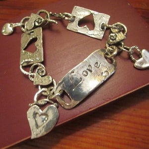All About Love: Artisan All STERLING Silver, Etched, Embossed HEART Links, &quot;LOVE&quot; Plaque Foci, 3 Dangling Heart Charms Bracelet