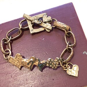 OOAK Fabulous Artisan Gold/Bronze Handmade Etched Link CHARM Bracelet w/4-HEART Etched Focal Plaque, Heart Charm, Heart Toggle/Toggle Bar