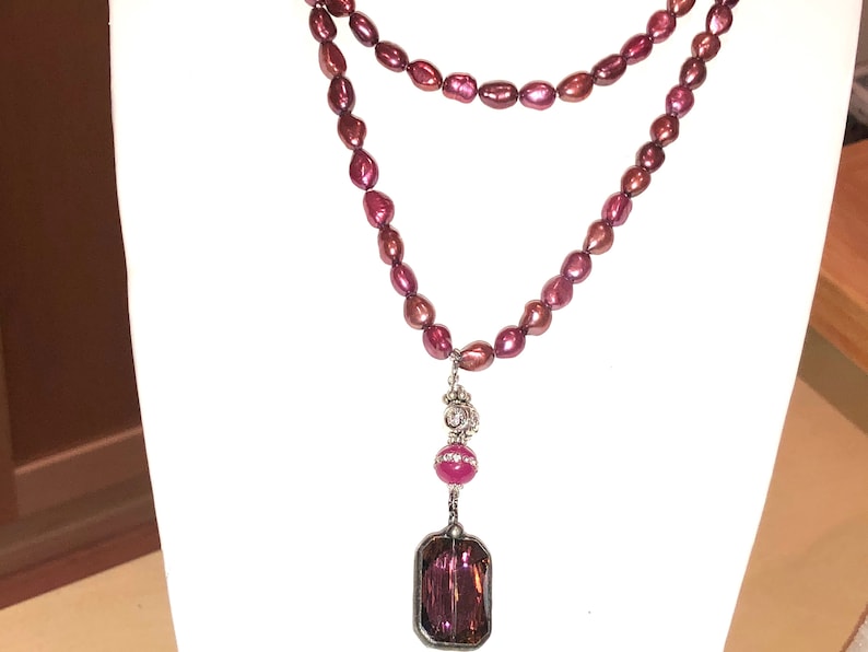 STERLING /& Pink Jade Necklace Burgundy Faceted Crystal Pendant Decadent 52 Long Genuine BURGUNDY PEARL Hand-Knot Sautoir wHand Soldered