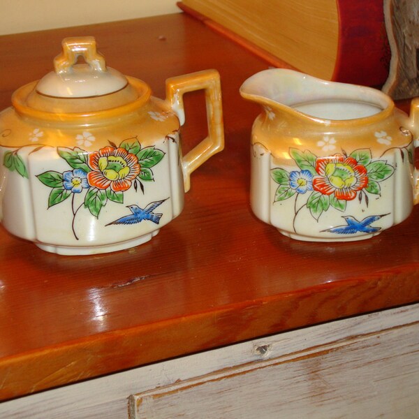 Marvelous LUSTREWARE CREAMER/SUGAR Vintage Hand Painted Set Made in Occupied Japan - Birds and Flowers