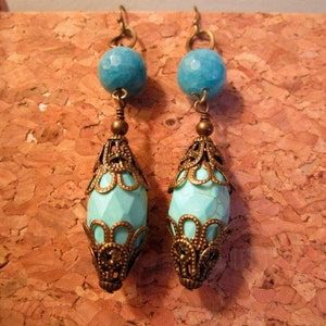 Awesome GENUINE TURQUOISE & Brass FILIGREE Vintage Dangle/Drop Long, Bold Pierced Earrings