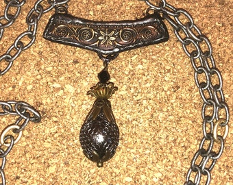 Dramatic Brass Floral Embossed Hand-Soldered Pendant w/HEMATITE, Brass, Swarovski Dangle on Textured Gunmetal/Brass Chain