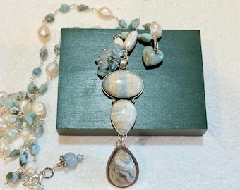 Genuine PEARL & LARIMAR Beaded Rosary Chain Necklace w/Large Triple LARIMAR Pendant w/Drops and Clusters Set in Sterling + Larimar Heart