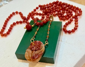 Awesome Hand CARVED Flower CARNELIAN Pendant on 56" Long CARNELIAN Hand-Knotted Necklace. Artisan Gold Connector. Large Carnelian Extra Drop