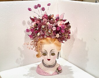 BIRDIE: Numbered, Signed, MINT 1940's Occ. Japan Pink Lady Head Vase w/150 Handmade Flower Bouquet w/Swarovski Gems - Superb OOAK Piece