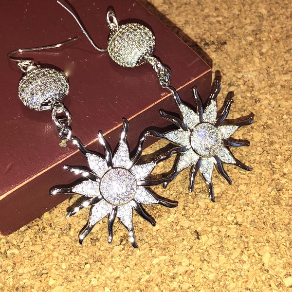 Exceptional Brilliance! Superb 2 1/2"" Long SILVER Rhodium Encrusted Micro PAVE Large SUNBURST & Round Pierced Earrings w/ Sterling Ear Wire