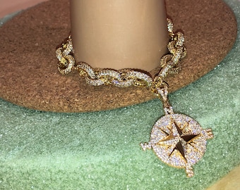 Elegant, Brilliant CHUNKY Gold Micro PAVE Thick Link Chain Bracelet W/Magnetic Clasp & Large Gold Pave Directional COMPASS Pendant