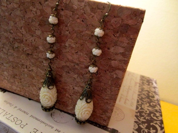 Bridal Beauty: Carved Glass Coral TEARDROP Dangle… - image 3