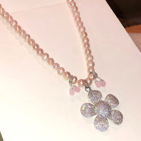 Lustrous 40" Hand Knot PINK PEARL Necklace w/4 Wire-Wrapped Pink Chalcedony Drops & Wildly Brilliant, Large Silver Micro Pave FLOWER Pendant