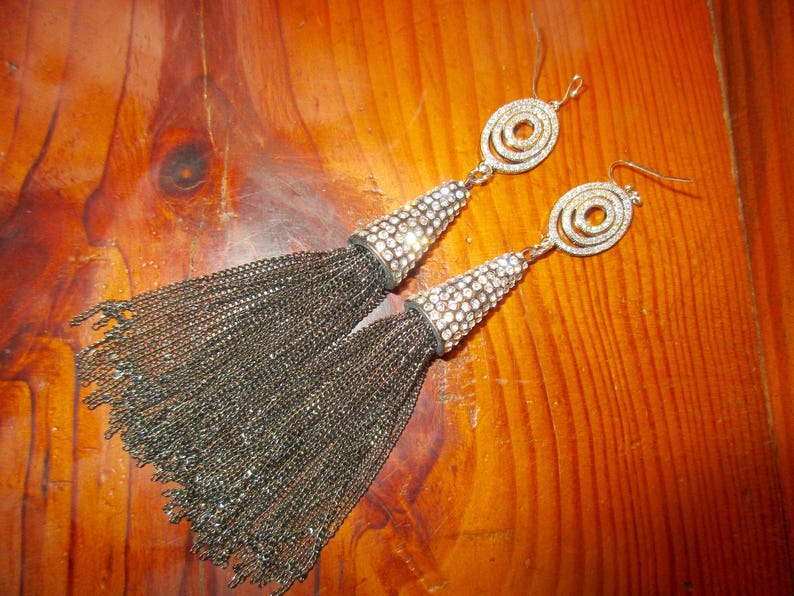 Opulent 4 34 Long Hematite TASSEL Pierced Earrings Circle of Life 3-Ring Domed SILVER Micro Pave FociSILVER Pave Encrusted Tassel Cap