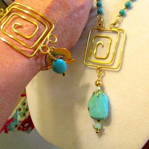 Amazing GENUINE Vintage TURQUOISE Rosary Chain shops w/Rare Greek Deco Spiral Solid Brass & Huge Raw TURQUOISE and Gold Pendants/Matching Bracelet