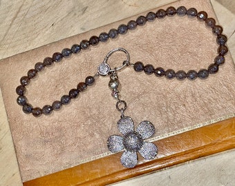 Radiant Faceted GRAY AGATE Beaded Necklace With Shimmering Large Silver Rhodium Micro Pave Cz FLOWER Pendant, Big Cz Clasp, Sterling Accents
