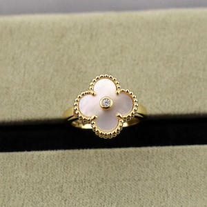 925 Silver 18K Gold Plated Clover Rings,Natural 15mm White Mother-of-Pearl and Diamonds Clover Jewelry.