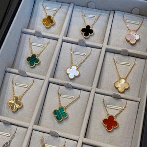 925 Silver 18K Gold Plated Clover Necklace, Mother-of-Pearl, Malachite, Agate Pendant