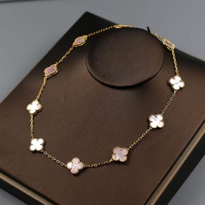 925 Silver 18K Gold Plated Clover Necklace,Natural 10 Patterns 15mm Pink Mother-of-Pearl Clover Pendant.