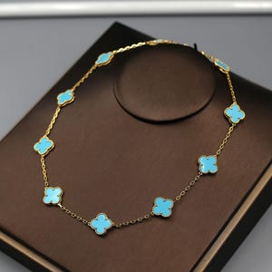 925 Silver 18K Gold Plated Clover Necklace,Natural 10 Patterns 15mmTurquoise Clover Pendant.