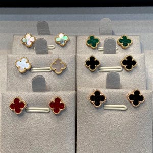 925 Silver 18K Gold Plated Clover Earrings,Natural 9mm Mini Mother-of-Pearl,Malachite, Chalcedony, Agate,Clover Jewelry.