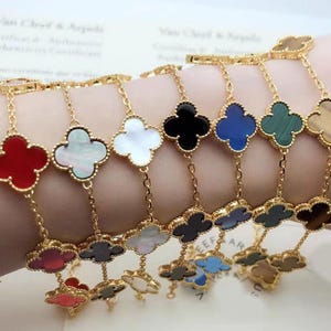 925 Silver 18K Gold Clover Bracelet, Mother-of-Pearl & Malachite, 7.5 Inch